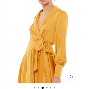 NWT Mac Duggal Satin Long Sleeve Wrap Dress in Marigold
